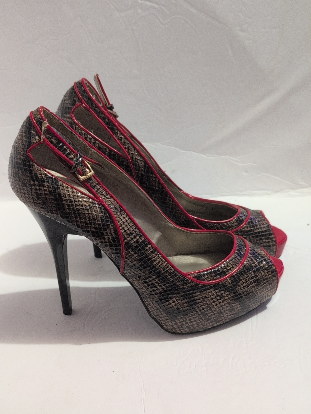 Guess Peep-Toe Snake-Print High Heels in Brown with Pink Trim